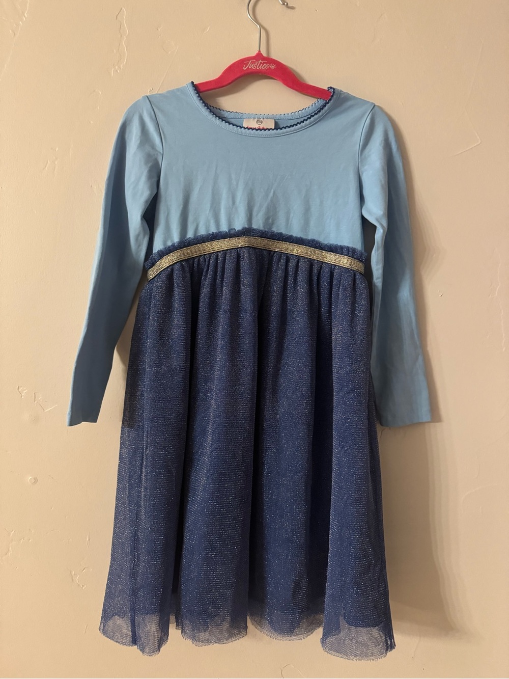 Hanna Andersson Girls Light Blue & Navy Sparkle Tulle Dress Size 6-7